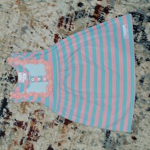 Flowersak turquoise and pink striped sleeveless dress with a ruffled bib.